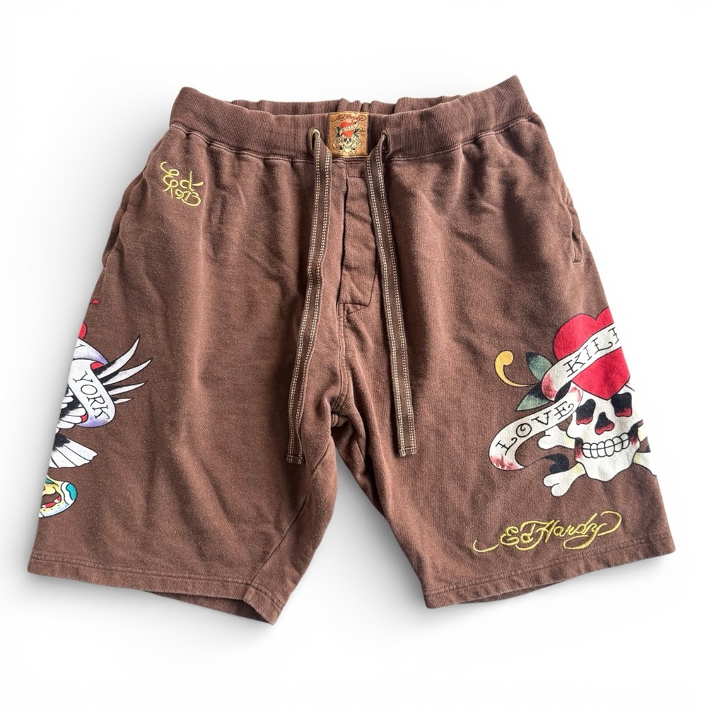 Ed Hardy Y2K Tattoo Skull Graphic Sweat Shorts Brown Relaxed Fit Men’s L